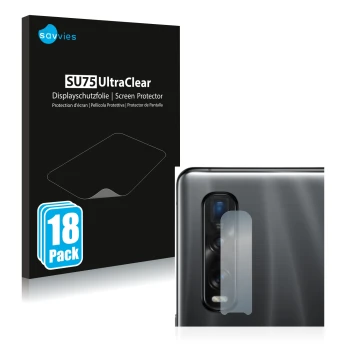 Face avant d’un emballage produit avec le logo de la marque Savvies. À côté, l’appareil Oppo Find X2 Pro (Caméra UNIQUEMENT) e