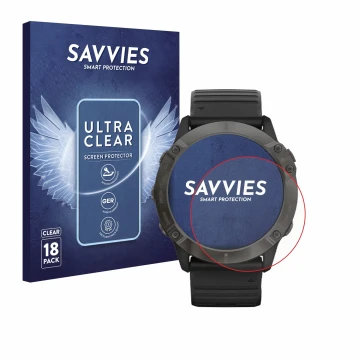 Face avant d’un emballage produit avec le logo de la marque Savvies. À côté, l’appareil Garmin Fenix 6X Pro Solar est représen