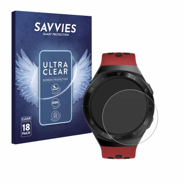 Face avant d’un emballage produit avec le logo de la marque Savvies. À côté, l’appareil Huawei Watch GT 2e est représenté avec