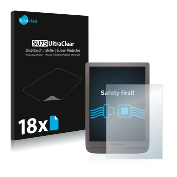Face avant d’un emballage produit avec le logo de la marque Savvies. À côté, l’appareil PocketBook InkPad 3 Pro est représenté