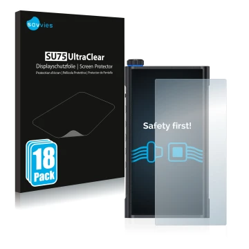 Face avant d’un emballage produit avec le logo de la marque Savvies. À côté, l’appareil FiiO M15 est représenté avec la protec