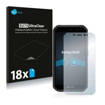 Face avant d’un emballage produit avec le logo de la marque Savvies. À côté, l’appareil Ulefone Armor X7 est représenté avec l