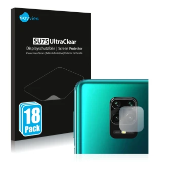 Face avant d’un emballage produit avec le logo de la marque Savvies. À côté, l’appareil Xiaomi Redmi Note 9S (Caméra UNIQUEMEN