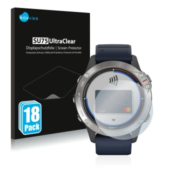 Face avant d’un emballage produit avec le logo de la marque Savvies. À côté, l’appareil Garmin quatix 6 est représenté avec la