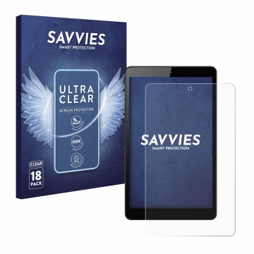 Face avant d’un emballage produit avec le logo de la marque Savvies. À côté, l’appareil Huawei MediaPad M5 Lite 8