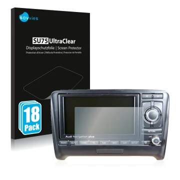 Face avant d’un emballage produit avec le logo de la marque Savvies. À côté, l’appareil Audi A3 8P 2004-2012 RNS-E est représe