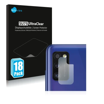 Face avant d’un emballage produit avec le logo de la marque Savvies. À côté, l’appareil Samsung Galaxy A41 (Caméra UNIQUEMENT)