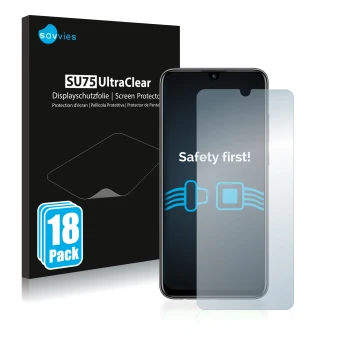 Face avant d’un emballage produit avec le logo de la marque Savvies. À côté, l’appareil Huawei P smart 2020 est représenté ave