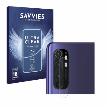 Face avant d’un emballage produit avec le logo de la marque Savvies. À côté, l’appareil Xiaomi Mi Note 10 Lite (Caméra UNIQUEM