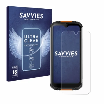 Face avant d’un emballage produit avec le logo de la marque Savvies. À côté, l’appareil Oukitel WP6 est représenté avec la pro