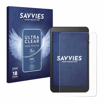 Face avant d’un emballage produit avec le logo de la marque Savvies. À côté, l’appareil Vankyo MatrixPad S8 est représenté ave