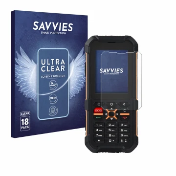 Face avant d’un emballage produit avec le logo de la marque Savvies. À côté, l’appareil RugGear RG170 est représenté avec la p