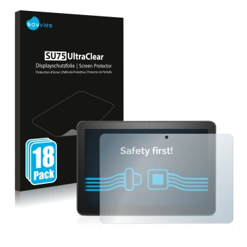 Face avant d’un emballage produit avec le logo de la marque Savvies. À côté, l’appareil Amazon Fire HD 8 Plus 2020 (10ème Gen.