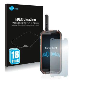 Face avant d’un emballage produit avec le logo de la marque Savvies. À côté, l’appareil Ulefone Armor 3w est représenté avec l