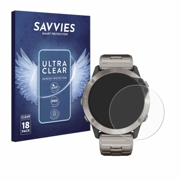 Face avant d’un emballage produit avec le logo de la marque Savvies. À côté, l’appareil Garmin quatix 6x Solar est représenté 
