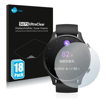 Face avant d’un emballage produit avec le logo de la marque Savvies. À côté, l’appareil Xiaomi Mi Watch Revolve est représenté