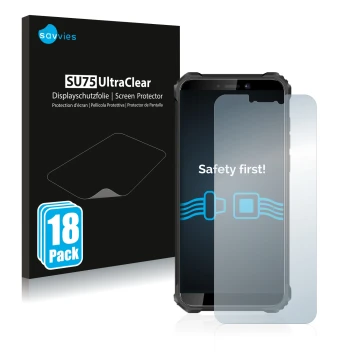 Face avant d’un emballage produit avec le logo de la marque Savvies. À côté, l’appareil Oukitel WP5 Pro est représenté avec la