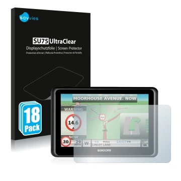 Face avant d’un emballage produit avec le logo de la marque Savvies. À côté, l’appareil Snooper Truckmate S6900 est représenté