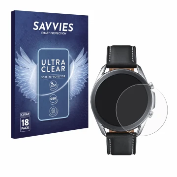 Face avant d’un emballage produit avec le logo de la marque Savvies. À côté, l’appareil Samsung Galaxy Watch 3 (45mm) est repr