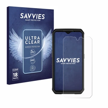 Face avant d’un emballage produit avec le logo de la marque Savvies. À côté, l’appareil Ulefone Armor 9 est représenté avec la