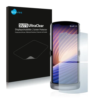 Face avant d’un emballage produit avec le logo de la marque Savvies. À côté, l’appareil Motorola Razr 5G 2020 est représenté a
