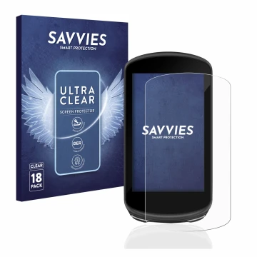 Face avant d’un emballage produit avec le logo de la marque Savvies. À côté, l’appareil Garmin Edge 1030 Plus est représenté a