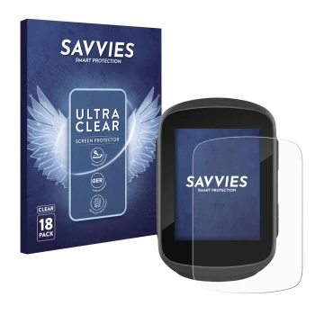 Face avant d’un emballage produit avec le logo de la marque Savvies. À côté, l’appareil Garmin Edge 130 Plus est représenté av