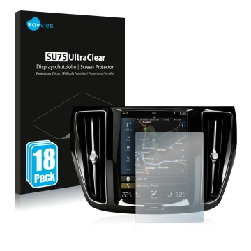 Face avant d’un emballage produit avec le logo de la marque Savvies. À côté, l’appareil Volvo S60 Sensus Connect 2020 est repr