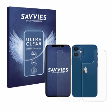 Face avant d’un emballage produit avec le logo de la marque Savvies. À côté, l’appareil Apple iPhone 12 mini (Avant+Arrière) e