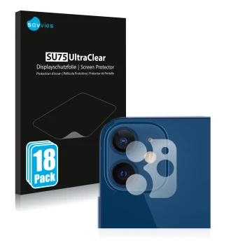 Face avant d’un emballage produit avec le logo de la marque Savvies. À côté, l’appareil Apple iPhone 12 (Caméra UNIQUEMENT) es