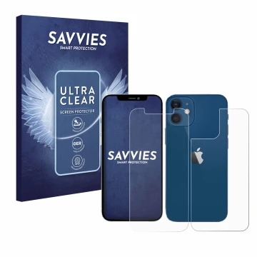 Face avant d’un emballage produit avec le logo de la marque Savvies. À côté, l’appareil Apple iPhone 12 (Avant+Arrière) est re