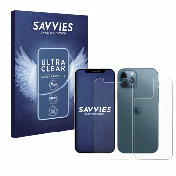 Face avant d’un emballage produit avec le logo de la marque Savvies. À côté, l’appareil Apple iPhone 12 Pro (Avant+Arrière) es