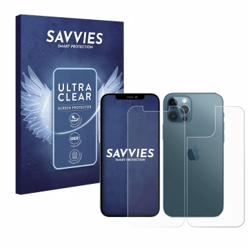 Face avant d’un emballage produit avec le logo de la marque Savvies. À côté, l’appareil Apple iPhone 12 Pro Max (Avant+Arrière