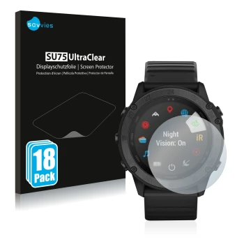 Face avant d’un emballage produit avec le logo de la marque Savvies. À côté, l’appareil Garmin Tactix Delta Solar Ballistic es