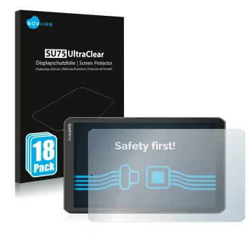 Face avant d’un emballage produit avec le logo de la marque Savvies. À côté, l’appareil Garmin Camper 890 est représenté avec 