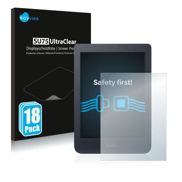 Face avant d’un emballage produit avec le logo de la marque Savvies. À côté, l’appareil Kobo Nia est représenté avec la protec