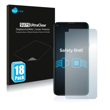 Face avant d’un emballage produit avec le logo de la marque Savvies. À côté, l’appareil Cubot X30 est représenté avec la prote