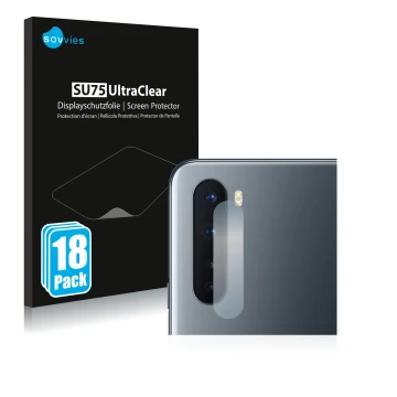 Face avant d’un emballage produit avec le logo de la marque Savvies. À côté, l’appareil OnePlus Nord (Caméra UNIQUEMENT) est r