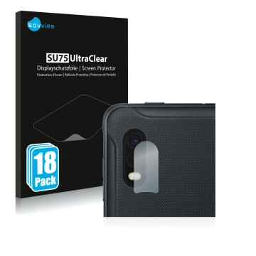 Face avant d’un emballage produit avec le logo de la marque Savvies. À côté, l’appareil Samsung Galaxy XCover Pro (Caméra UNIQ