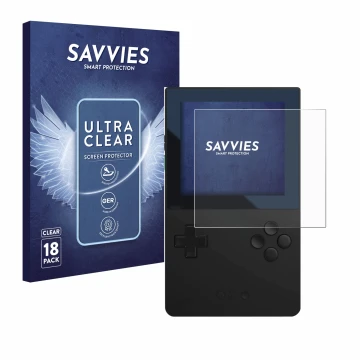Face avant d’un emballage produit avec le logo de la marque Savvies. À côté, l’appareil Analogue Pocket est représenté avec la