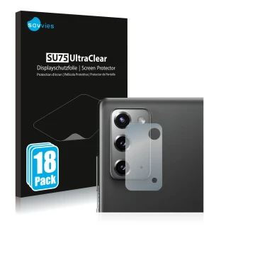 Face avant d’un emballage produit avec le logo de la marque Savvies. À côté, l’appareil Samsung Galaxy Note 20 5G (Caméra UNIQ