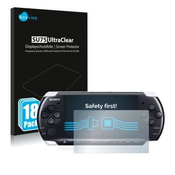 Face avant d’un emballage produit avec le logo de la marque Savvies. À côté, l’appareil Sony PSP 3003 est représenté avec la p