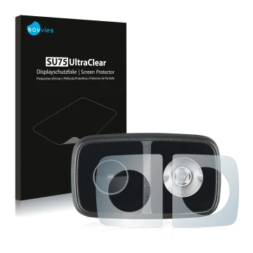 Face avant d’un emballage produit avec le logo de la marque Savvies. À côté, l’appareil Cycliq Fly12 CE est représenté avec la