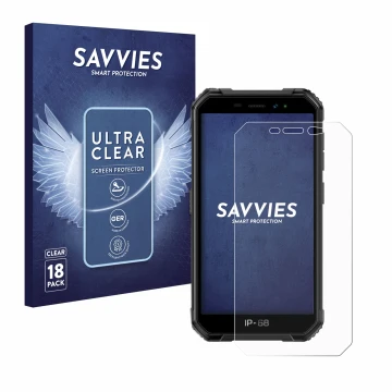 Face avant d’un emballage produit avec le logo de la marque Savvies. À côté, l’appareil Ulefone Armor X6 est représenté avec l