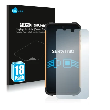 Face avant d’un emballage produit avec le logo de la marque Savvies. À côté, l’appareil Ulefone Armor 8 est représenté avec la
