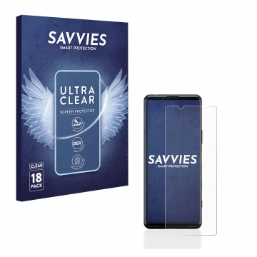 Face avant d’un emballage produit avec le logo de la marque Savvies. À côté, l’appareil Sony Xperia 5 II est représenté avec l