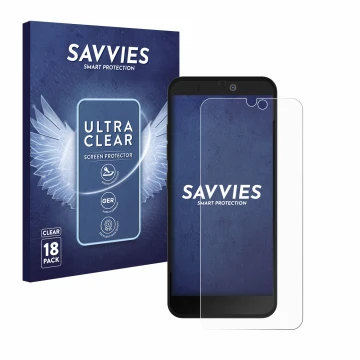 Face avant d’un emballage produit avec le logo de la marque Savvies. À côté, l’appareil Fairphone 3 Plus est représenté avec l