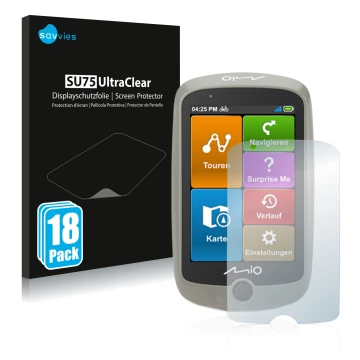 Face avant d’un emballage produit avec le logo de la marque Savvies. À côté, l’appareil Mitac Mio Cyclo Discover est représent