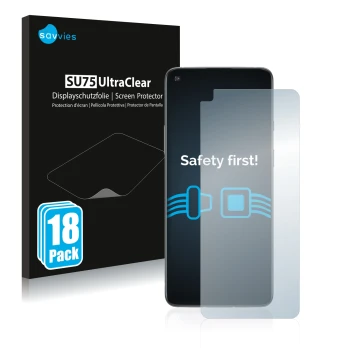 Face avant d’un emballage produit avec le logo de la marque Savvies. À côté, l’appareil OnePlus 8T est représenté avec la prot