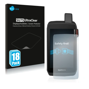 Face avant d’un emballage produit avec le logo de la marque Savvies. À côté, l’appareil Garmin Montana 700i est représenté ave